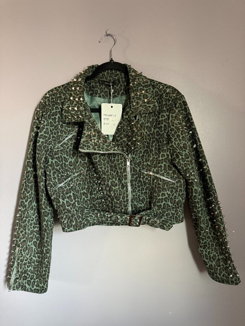 NWT Hesperus Green Leopard Print Moto Jacket with Spikes (Size: L)
